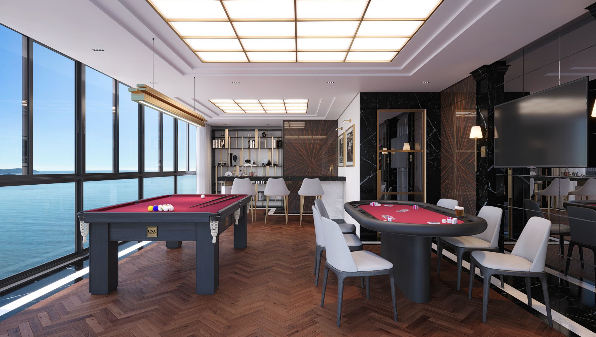 Sala de jogos com bilhar e mesas de carteado