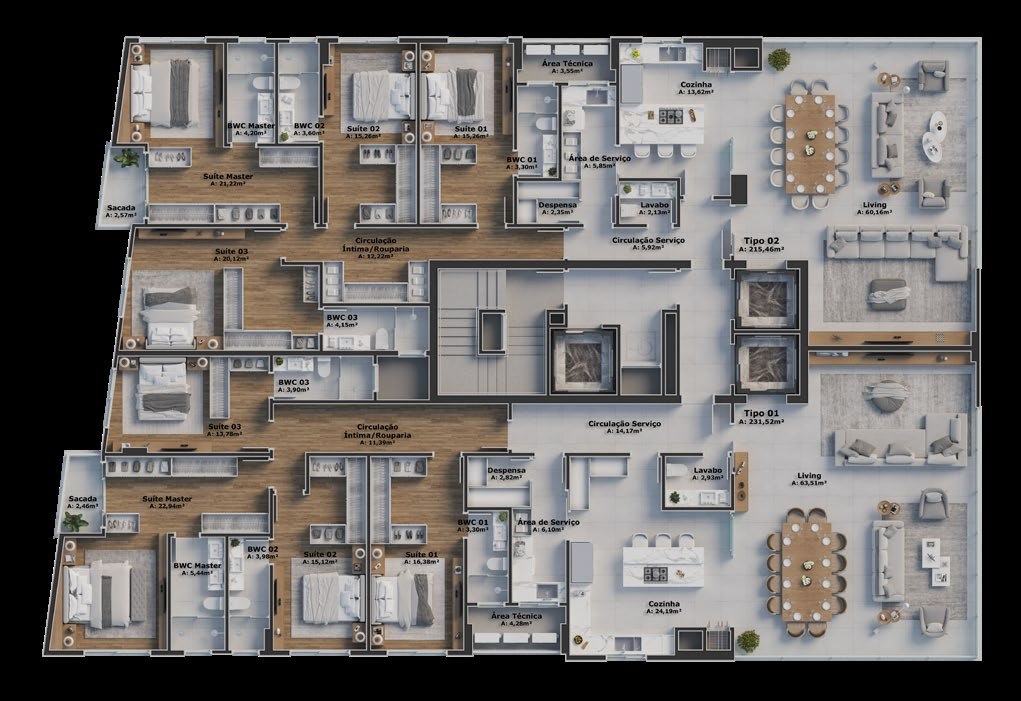 Planta humanizada do pavimento tipo com os dois apartamentos